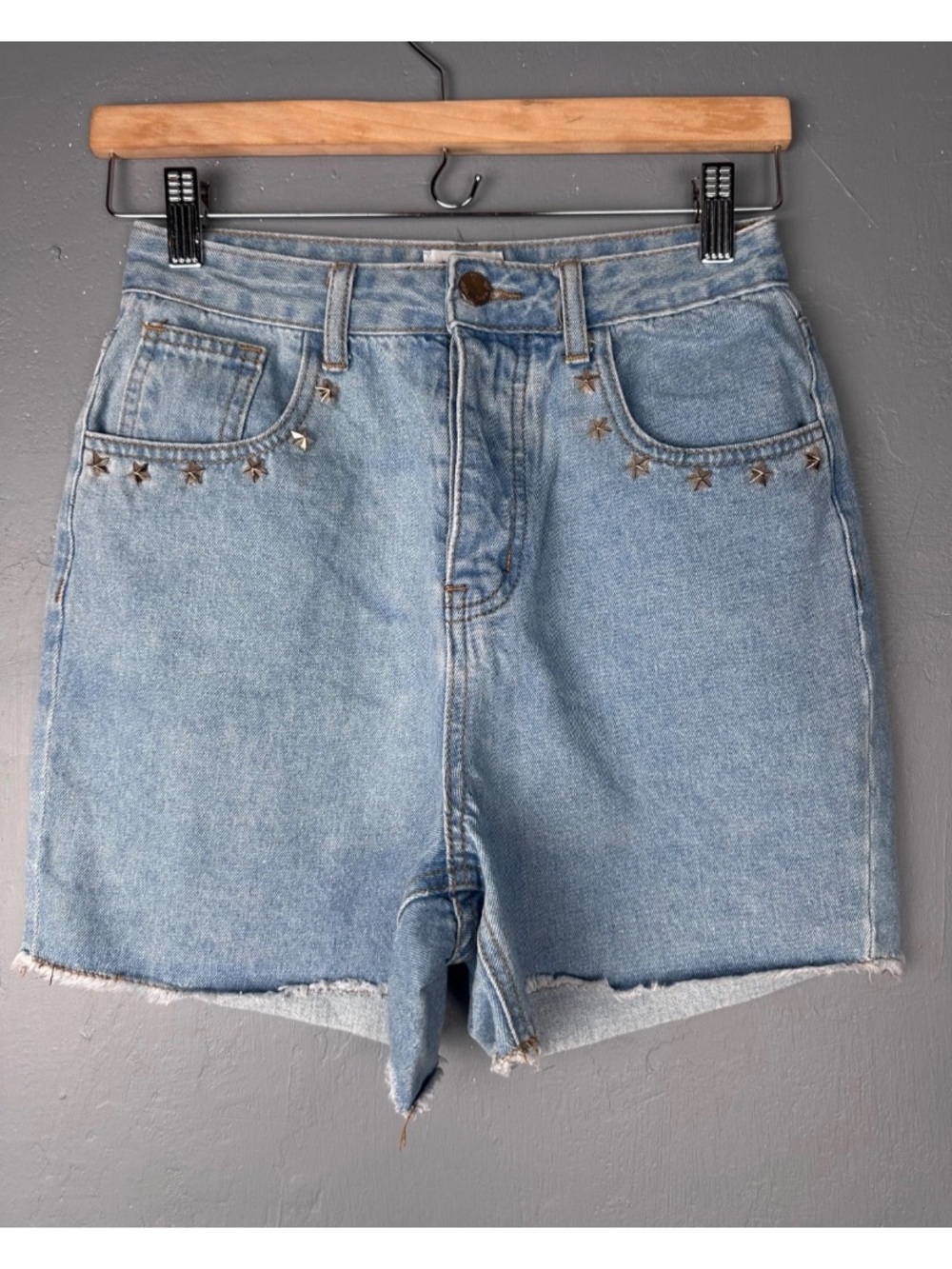Princess Polly Sz 4 Blue Embellished Cut Offs Button Fly Denim Shorts